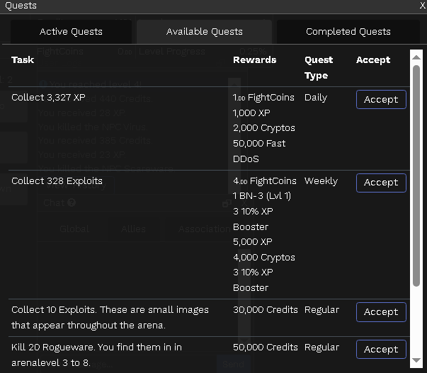 Lista de misiones disponibles en Clickfight